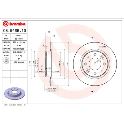 Abbildung von BREMBO 08.9466.10 Bremsscheibe 261 10 4 voll KIA: CARENS 2, 1, Clarus Kombi