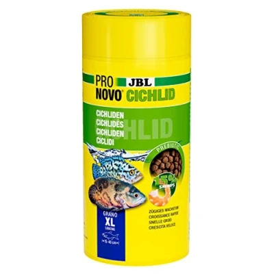 Abbildung von JBL PRONOVO CICHLID GRANO, Hauptfutter für Buntbarsche von 15 25 cm, Klickdosierer, Fischfutter Granulat, Größe XL, 1000 ml