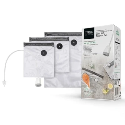 Abbildung von CASO Vacu ZIP Adapter Set Vakuumzubehör bestehend aus einem Adapter, Vakuumschlauch, 10 Bags und Food Manager Sticker, Weiß, Transparent
