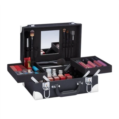 Abbildung von Relaxdays Kosmetikkoffer, für Make Up, Nagellack, Schminkkoffer mit Spiegel, HBT: 12,5 x 31 23 cm, leer, schwarz/weiß