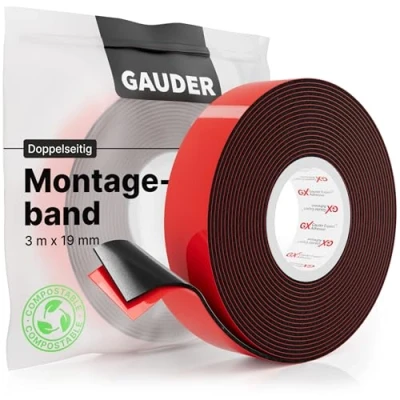 Abbildung von GAUDER Montageband (3 m x 19 mm) Doppelklebeband Montageklebeband Spiegelklebeband Doppelseitiges Klebeband schwarz