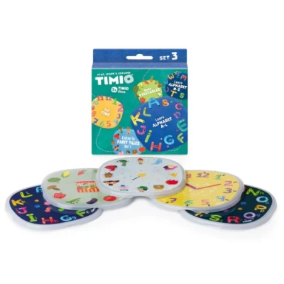Abbildung von TIMIO Disc Set # 3: 5 Audio Discs for The Player Learn 12 Fairy Tales Vol. 1, Time, Vegetables, Alphabet A L, M Z 8 Languages Included Learning Toy from 2 6 Years