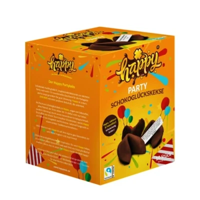Abbildung von Happy Party, Schokoglückskeks, vegan, in einer 10er Box, mit inspirierenden Botschaften (1 Box = 10 Glueckskekse à 6g)