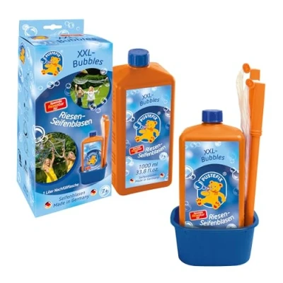 Abbildung von PUSTEFIX XXL Bubbles + Nachfüllflasche Maxi 1 Liter I Seifenblasenwasser und Zubehör Bunte Made in Germany Für Hochzeit, Kindergeburtstag, Standesamt, Polterabend Riesen Seifenblasen