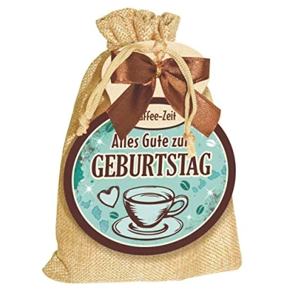 Abbildung von Kaffeesäckchen als Geschenk für Kaffeeliebhaber und Kaffeegenießer. Witzige Geschenkidee mit Kaffee im Jutesack die Kaffeetasse (Kaffee Sack Alles Gute zum Geburtstag )
