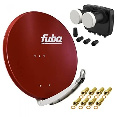 Abbildung von Digital Sat Anlage 2 Satelliten Astra/Hotbird 4 Teilnehmer Fuba DAA850R Schüssel 85cm Ziegelrot + DUR line MB6 QS Monoblock Quad LNB 6 (DVB S2, HDTV, 4K/8K, 3D) 8xF Stecker vergoldet