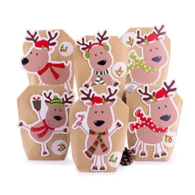 Abbildung von Adventskalender zum Befüllen Rentier 24 Kraftpapiertüten braun Geschenktüten Weihnachten, Weihnachtskalender Bastelset inkl. Zahlenaufkleber, Accessoires und Klammern von pajoma