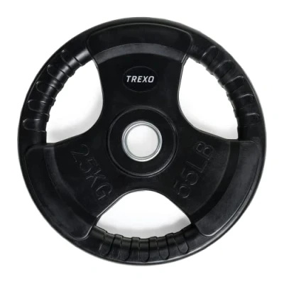 Abbildung von TREXO 25 kg Belastung 43 cm Durchmesser Scheibe mit Griffen Gusseisen beschichtet für Langhanteln Langlebige ergonomische Fitness Krafttraining Crossfit RW25