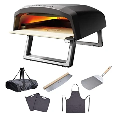 Abbildung von MasterPRO Pizza Oven Pizzaofen Tragbarer Gasofen mit Schnellbackfunktion bis zu 500ºC Pizzen in 60 Sekunden Fertig Inklusive Schürze, Greifer, Schneider und Pizzaschieber [Energy Class A]