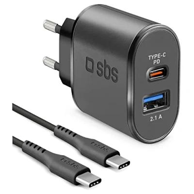 Abbildung von SBS 18W Fast Charge Travel Charger für iPhone, Samsung, Oppo, Xiaomi, Ladekit mit Power Delivery Ladegerät und USB C auf Kabel, schwarz
