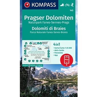 Abbildung von KOMPASS Wanderkarte 145 Pragser Dolomiten, Naturpark Fanes Sennes Prags, Dolomiti di Braies, Parco Naturale Senes Braies 1:25.000: 4in1 ... in der App. Fahrradfahren. Skitouren.