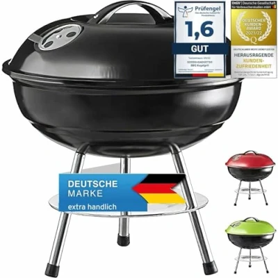 Abbildung von Micro BBQ Campinggrill Kugelgrill Mini Grill; Kompakter Reise Holzkohle Grill Tischgrill Edelstahl emailliert 38cm (Schwarz)