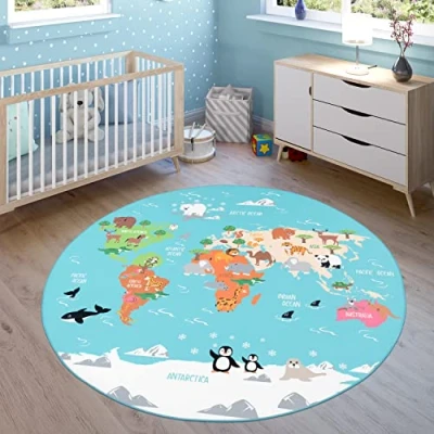 Abbildung von Paco Home Kinder Teppich Für Kinderzimmer, Spiel Teppich, Weltkarte Mit Tieren rutschfest In Türkis, Grösse:Ø 200 cm Rund