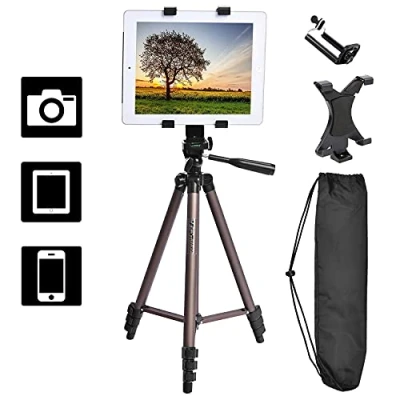 Abbildung von Fosoto Kamerastativ mit Tablet Halterung, 127 cm, kompatibel iPad 2 3 4, Air Air2, Mini, Samsung Galaxy Tab 4 Pro S, Microsoft Surface, Kindle, iPhone Tragetasche