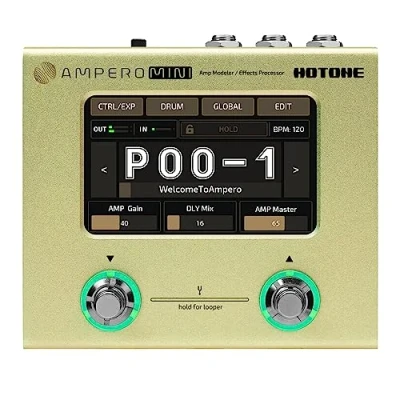 Abbildung von Hotone Gitarre Bass Multi Effekte Prozessor Touchscreen Amp Modellierung IR Cabinets Simulation Language Stereo OTG USB Audio Interface Ampero Mini (Mustard)
