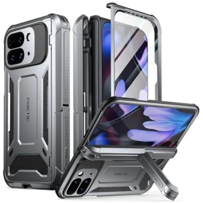 Abbildung von Poetic Spartan Schutzhülle für Google Pixel 9 Pro Fold 5G, Scharnierschutz, Ständer, militärischer Schutz, stoßfest, robuste mit integriertem Displayschutz, metallisches Gunmetal