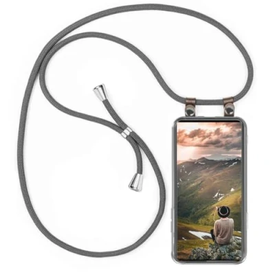 Abbildung von moex Handykette kompatibel mit Samsung Galaxy S24 Ultra Hülle Band Längenverstellbar, Handyhülle zum Umhängen, Silikon Case Transparent Kordel Schnur abnehmbar in Grau
