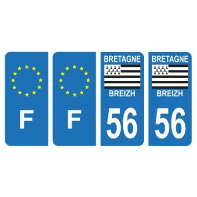 Abbildung von HADEXIA Nummernschild Aufkleber, französisches Departement 56, Morbihan, Region Bretagne, Breizh, Symbol &amp; F Frankreich, 4 Stück