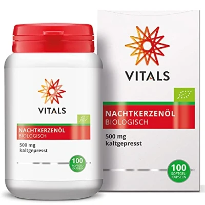 Abbildung von Vitals Nachtkerzenöl Bio 100 Softgel Kapseln, vegan. 500mg kaltgepresstes Öl aus Nachtkerzensamen mit GLA. Ohne Chemikalien, biologischem Anbau.