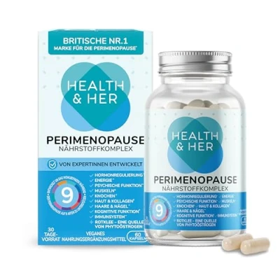 Abbildung von Health &amp; Her Perimenopause mit 800mg Rotklee, 500mg Yamswurzel, Eisen, Vitamin D3, B6 und B12, Maca Extrakt für eine bessere Hormonbalance in den frühen Wechseljahren Menopause 60 Kapseln