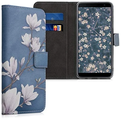 Abbildung von kwmobile Wallet Case kompatibel mit Samsung Galaxy J4+ / J4 Plus DUOS Hülle Cover Ständer und Kartenfächern Magnolien Taupe Weiß Blaugrau