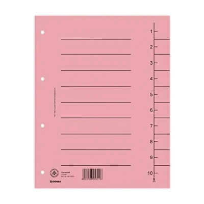 Abbildung von DONAU 8610001 16 100er Pack Trennblätter, Farbe: Rosa/ Karton Register überbreit Aus Recycling 250 g/qm mit Linienaufdruck für DIN A4 4 Fach Lochung Trennlaschen Trennblätter Ordner