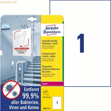 Abbildung von AVERY Zweckform L8001 10 selbstklebende Folie antibakteriell A4 (entfernt 99,9% aller Bakterien, Viren, Keime, Hygieneaufkleber, permanente Etiketten für Türgriffe, Kontaktflächen) Blatt, weiß