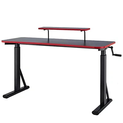 Abbildung von Amazon Basics Rechteckig Höhenverstellbarer Gaming computertisch mit erhöhter Monitorablage, 63.5 D X 140 W 127 H cm, Rot