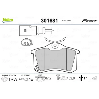 Abbildung von VALEO 301681 Bremsbelagsatz FIRST Hinterachse inkl. Verschleißwarnkontakt mit Anti Quietsch Blech VOLKSWAGEN: Sharan I, FORD: Galaxy Mk1 MPV