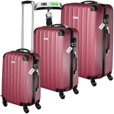 Abbildung von tectake Trolley 3er Kofferset, 4 Rollen, 3 teilig aus robustem ABS Kunststoff inkl. Kofferwaage und anhänger
