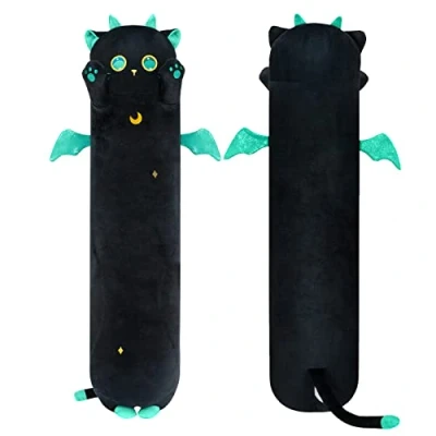 Abbildung von Mewaii Stofftiere Katzen Schwarze 90CM Plüsch Kissen Lang Kätzchen mit Großen Augen Plüschtier Ausgestopftes Tier Spielzeug Kuschelkissen Geschenk Plüschkissen