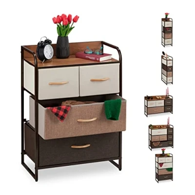Abbildung von Relaxdays Schubladenschrank, 4 Stoff Fächer, Ablage, Schlafzimmer Nachtschrank, Minikommode HBT 79 x 58 31,5 cm, braun