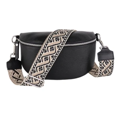 Abbildung von MIRROSI® Bauchtasche Damen, Echtleder, Made in Italy, Umhängetasche, Brusttasche, Crossbody Bag (1 Tasche &amp; 2 Gurte) (Schwarz (Kette), Mittelgroße (25x16x7cm))