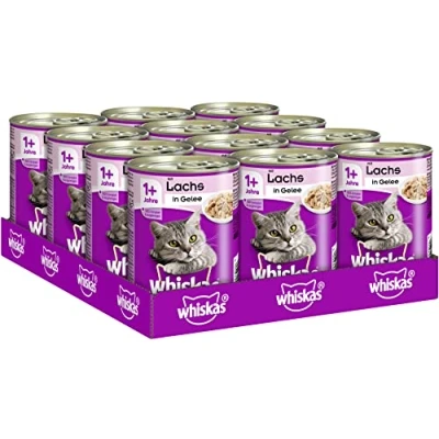 Abbildung von Whiskas Katzenfutter Nassfutter Adult 1+ mit Lachs in Gelee, 12 Dosen (12 x 400g)