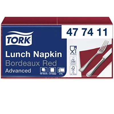 Abbildung von Tork 477411 Soft Lunchservietten Bordeauxrot / 3lagige, saugfähige Papierservietten in Rot Vielfältig verwendbar Advanced Qualität 10 x 150 (1500) Servietten 32,6 33 cm (B L) 1/4 Falz
