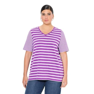 Abbildung von Ulla Popken Ringelmix Vausschnitt Halbarm Tshirt print, Damen, Größe: 50/52, Purple