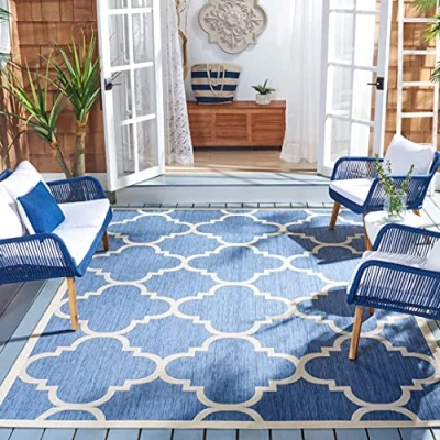 Abbildung von SAFAVIEH Spalier Teppich für Drinnen &amp; Draussen Courtyard Collection, Kurzer Flor, Blau und Beige, 160 X cm