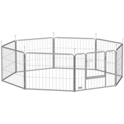 Abbildung von PawHut Welpenauslauf 60 cm Hoch, 8 TLG Hundelaufstall Welpenlaufstall mit Gurt und Tür, Freilaufgehege für kleine Hunde, Meerschweinchen, Kaninchen, Stahl, Silber
