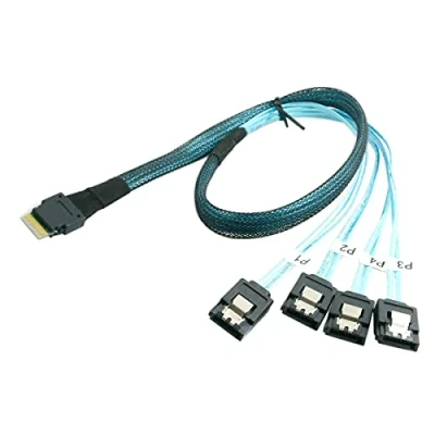 Abbildung von Cablecc Slimline SAS 4.0 SFF 8654 4i 38 Pin Host zu 4 SATA 7 Ziel Festplatten Fanout Raid Kabel 50 cm