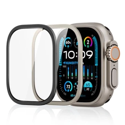Abbildung von ESR Armorite Schutzfolie für Apple Watch Ultra 2/1 (2024/2023/2022, 49 mm), Displayschutz aus Gehärtetem Glas mit Aluminiumrahmen, Vollflächiger Schutz, Kratzfest, Titanmetall+Dunkelblau, 2 Stück