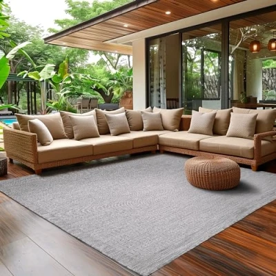 Abbildung von SIMPEX Outdoor Teppich Wetterfest Terrasse Balkon Garten Küchenteppich Einfarbiges Design Flachgewebe Sisal Look Waschbarer Teppich, Größe: 160 x 230 cm, Farbe: Grau