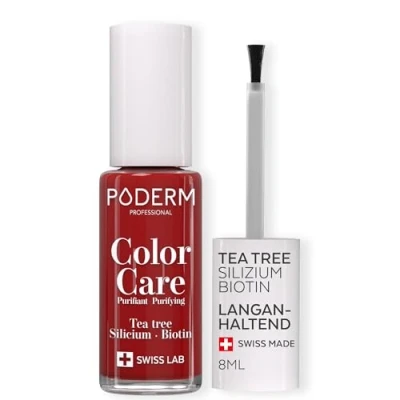 Abbildung von PODERM TEEBAUM NAGELLACK COLOR CARE Allurarot verbessert das Aussehen für die gelbe oder brüchige Nägel 2 in 1 PFLEGE Hergestellt der Schweiz