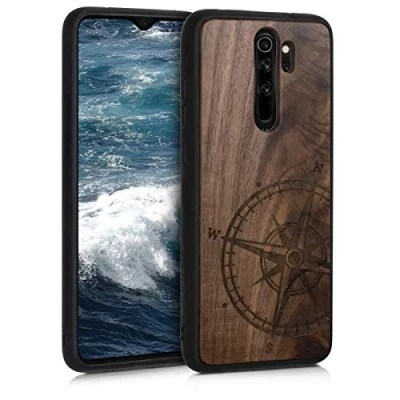 Abbildung von kwmobile Hülle kompatibel mit Xiaomi Redmi Note 8 Pro Holz Case Handy Cover TPU Handyhülle in Dunkelbraun Kompass Vintage