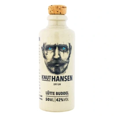 Abbildung von KNUT HANSEN DRY Gin Miniatur Flasche 50 ml handcrafted nach klassisch nordischer Art, mit Wacholder, Gurke, Basilikum und Apfel, in Keramik Flasche, 1 x