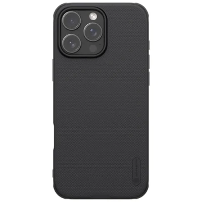 Abbildung von Nillkin Schutzhülle für Apple iPhone 16 Pro, super mattiert, harter Rand, weicher Rand (PC + TPU), stoßdämpfende Abdeckung, erhöhte Einfassung, Kameraschutz, PC, ohne Logo Schnitt, Schwarz