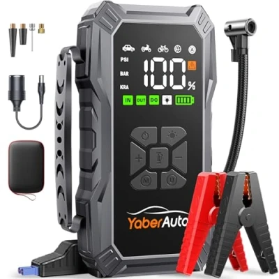 Abbildung von YaberAuto Starthilfe Powerbank mit Luftkompressor, 150PSI 5500A Autobatterie Starter, (All Benzin und 10.0L Dieselmotor), Auto Starthilfekabeln, LCD Bildschirm Notlicht