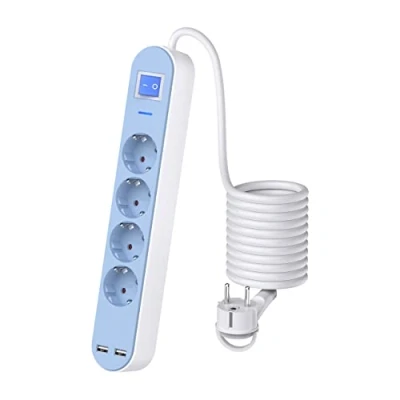Abbildung von UCOMEN Steckdosenleiste USB Überspannungsschutz Steckdosenadapter 4 Fach mit 2 Ladeanschlüsse Mehrfachsteckdose Wandmontage (3680W) 150CM Kabel Blau