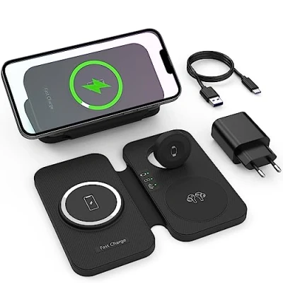 Abbildung von 3 in 1 Mag Safe Kabelloses Ladegerät, 15W Faltbar Induktive Ladestation Für iPhone 15/14/13/12 Serien, Apple Watch Und Air Pods Travel Wireless Charger mit USB C Ladegerät
