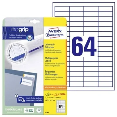 Abbildung von AVERY Zweckform 4785 Universal Etiketten (1.600 plus 320 Klebeetiketten extra, 48,5x16,9mm auf A4, Papier matt, individuell bedruckbar, selbstklebende Aufkleber mit ultragrip) 30 Blatt, weiß