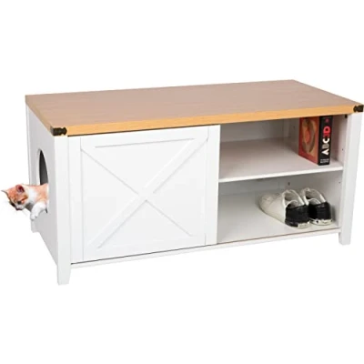 Abbildung von needs&amp;wants® Tierhaus Katzenschrank Katzentoilette Katzenklo Schrank Katzenhaus Toilette Klo, Holz groß XL Schuhschrank Design Sitzkommode weiß braun Katzenmöbel